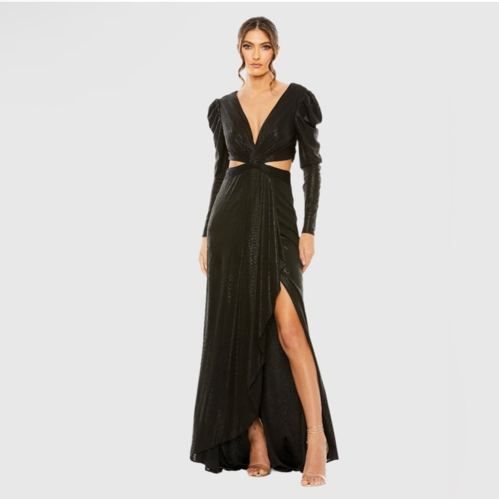IEENA FOR MAC DUGGAL
Black Princess Sleeve Cut Out Metallic Gown 27060 $498