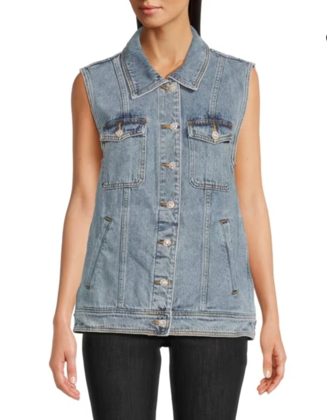 AMANDA UPRICHARD
RHINESTONE EMBELLISHED BUTTON
GREYSON DENIM VEST Sz XS $180