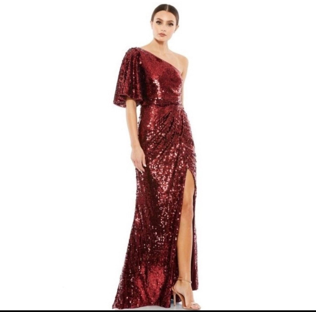 Mac Duggal 93540 Burgundy
Sequin One Shoulder Gown Size 8
High Slit $598