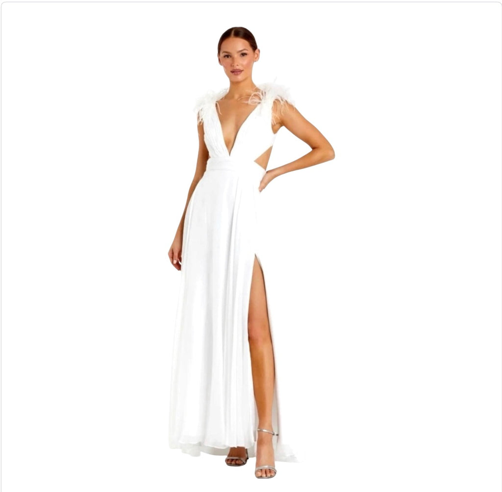 MAC DUGGAL Ostrich Feather A-Line Gown White Style 68113 Sz 2
