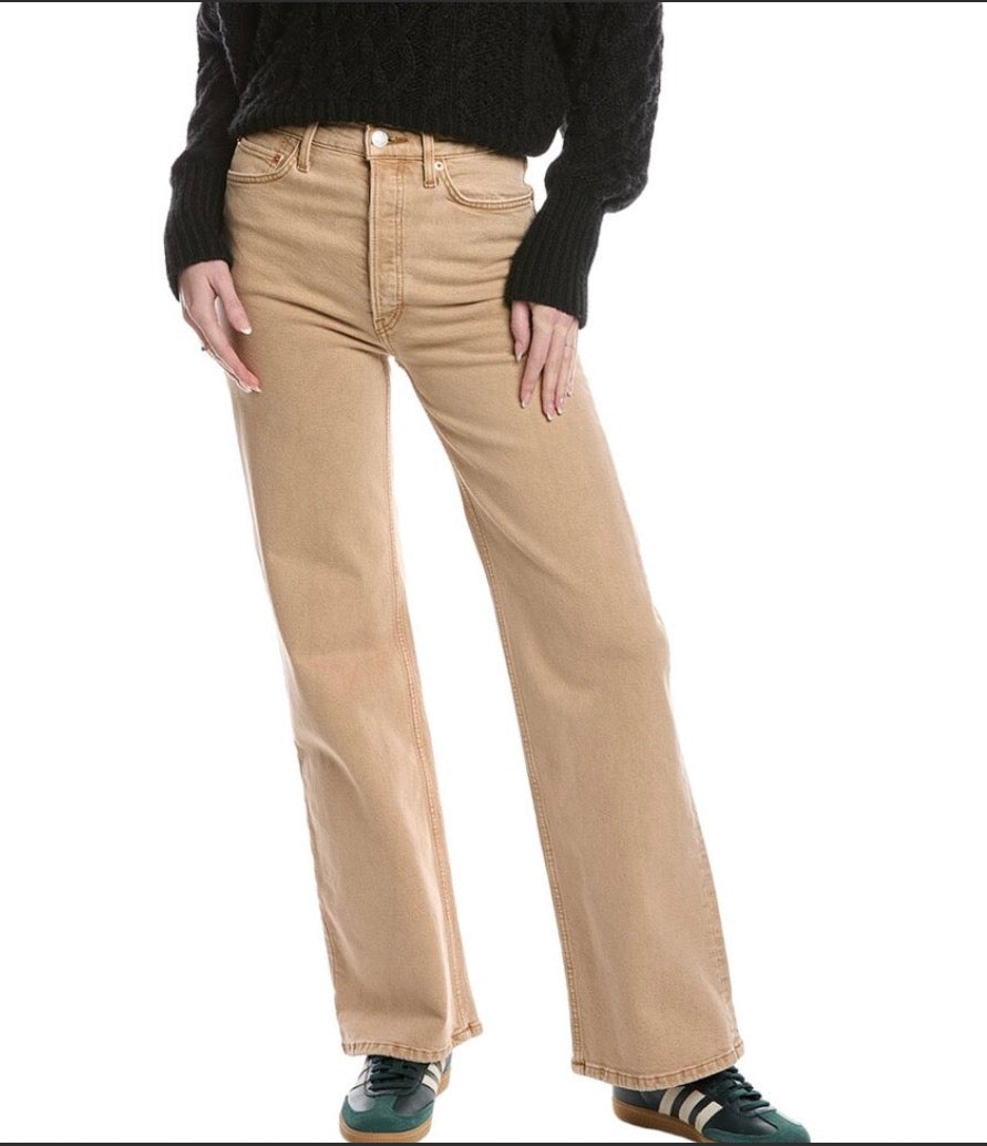 RE/DONE Washed Khaki
70s Ultra High Rise Wide Leg
Stretch Denim Jeans Sz 26 $295