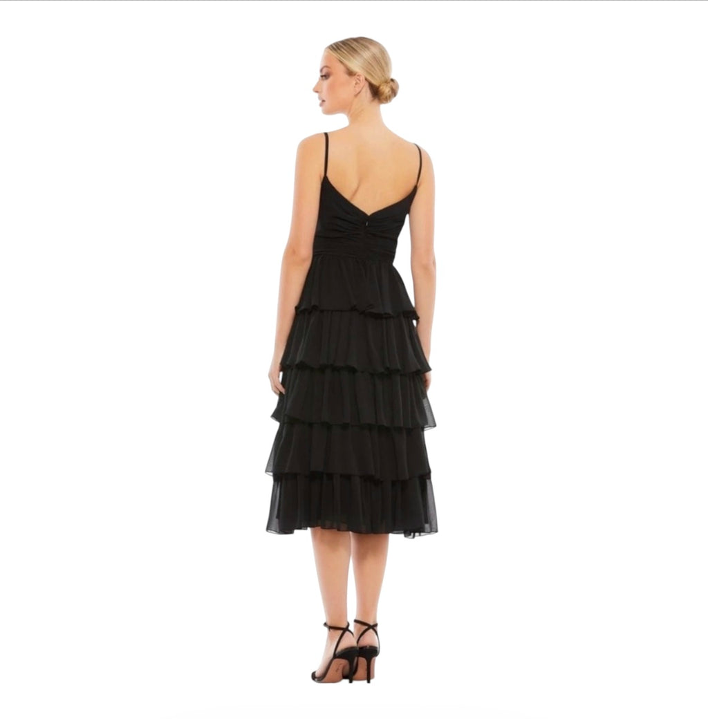MAC DUGGAL 55437 Ruffle Layered V-Neck Midi Dress in Black