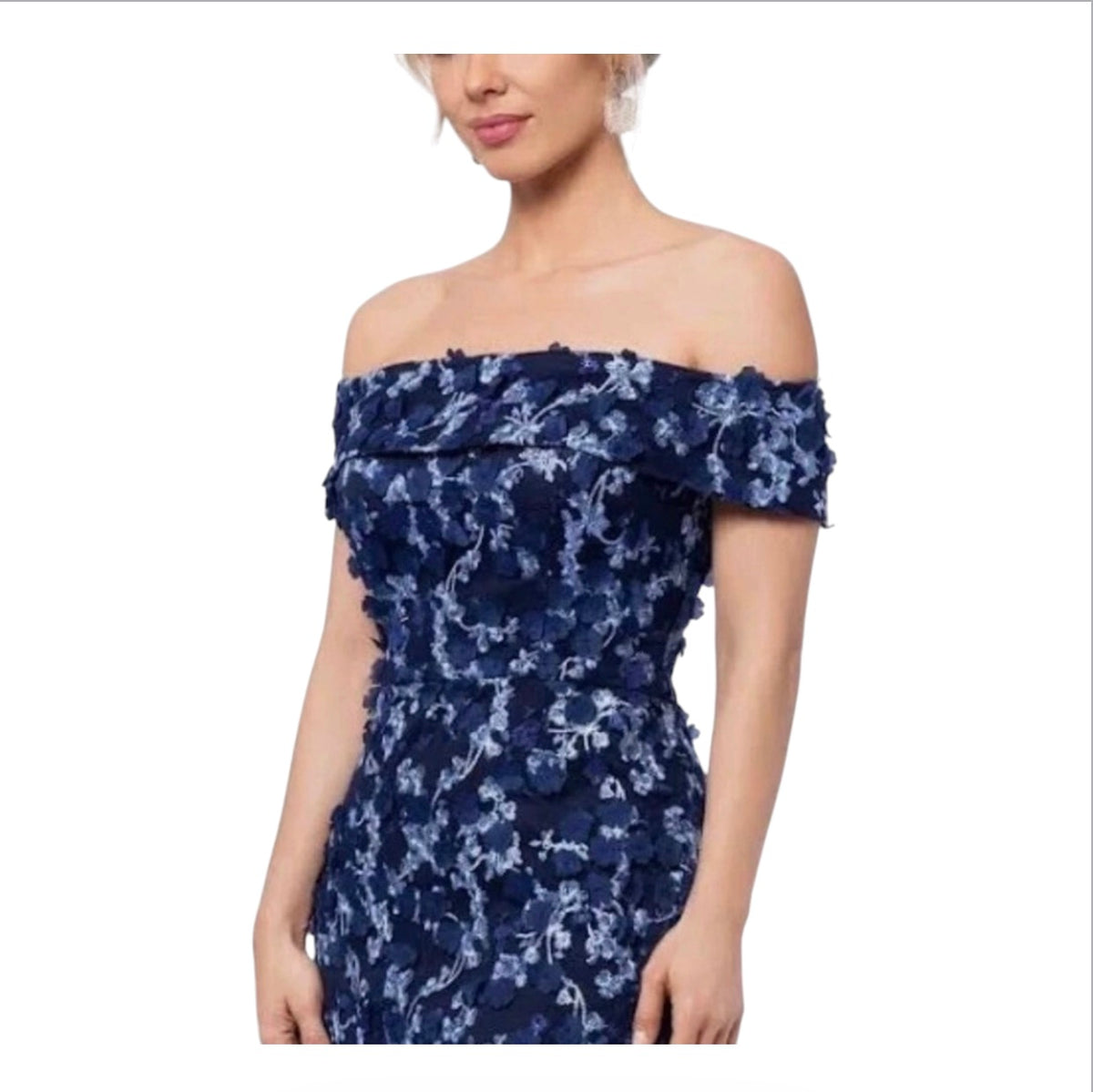 XSCAPE Off-The-Shoulder Embroidered 3D Floral Lace Midi Dress Navy Sz 4 $298