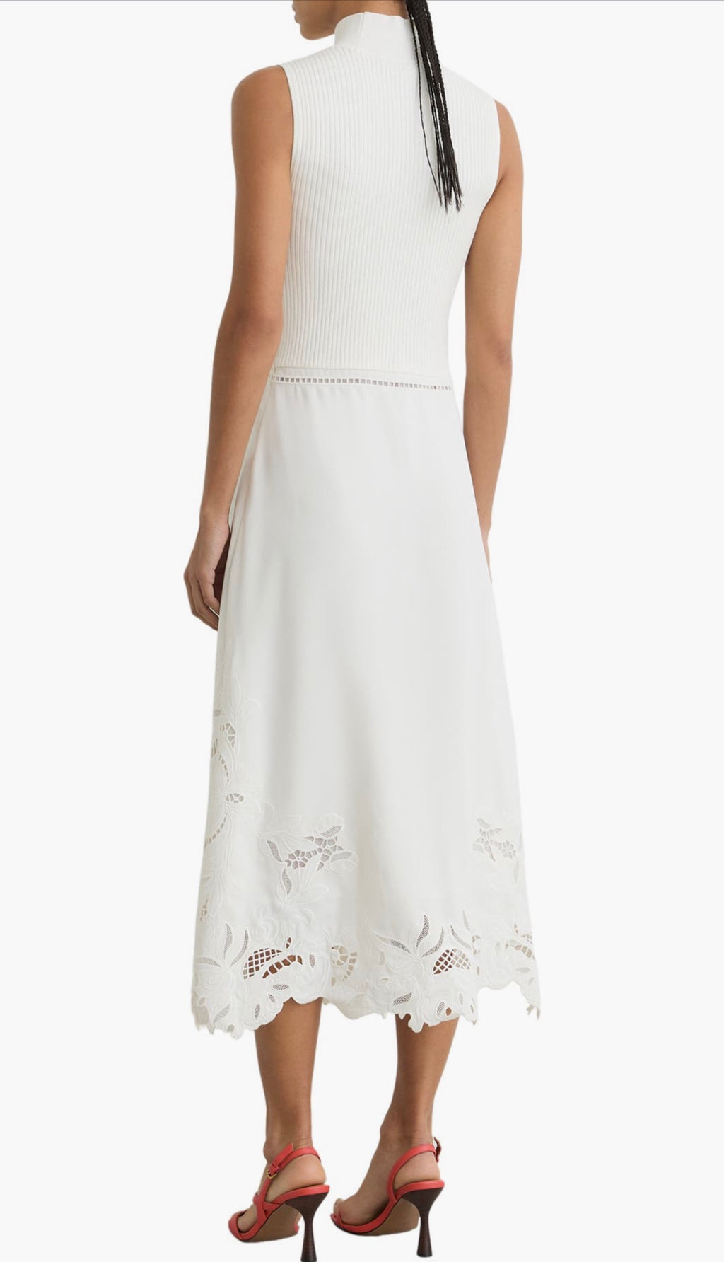 Reiss Phoenix Knit Woven Midi Dress Ivory Broderie Anglaise Cutwork Hem NWT Size 2