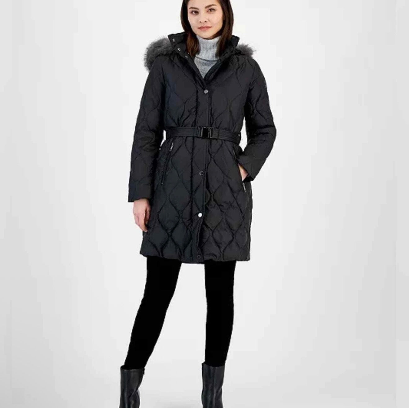 Michael Kors Black Quilted Down Faux Fur Long Puffer Coat Black Sz XS $360