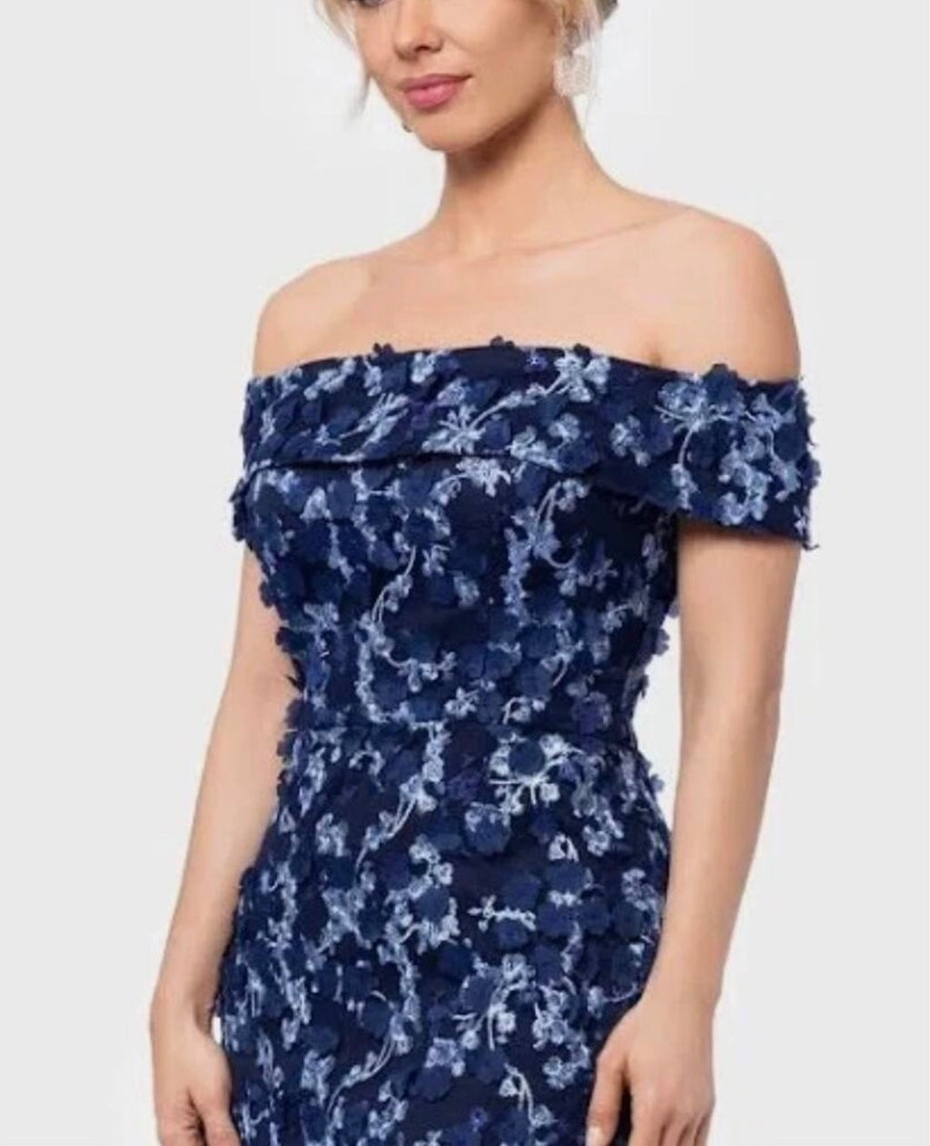 XSCAPE Off-The-Shoulder Embroidered 3D Floral Lace Midi Dress Navy Sz 4 $298