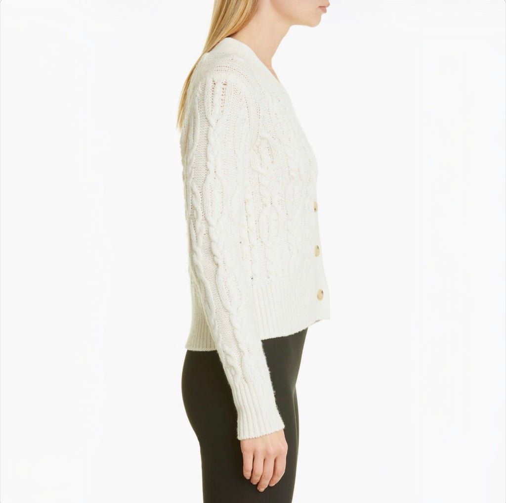 VINCE Triple Braid Cable Wool Cashmere Cardigan Off White Size Small