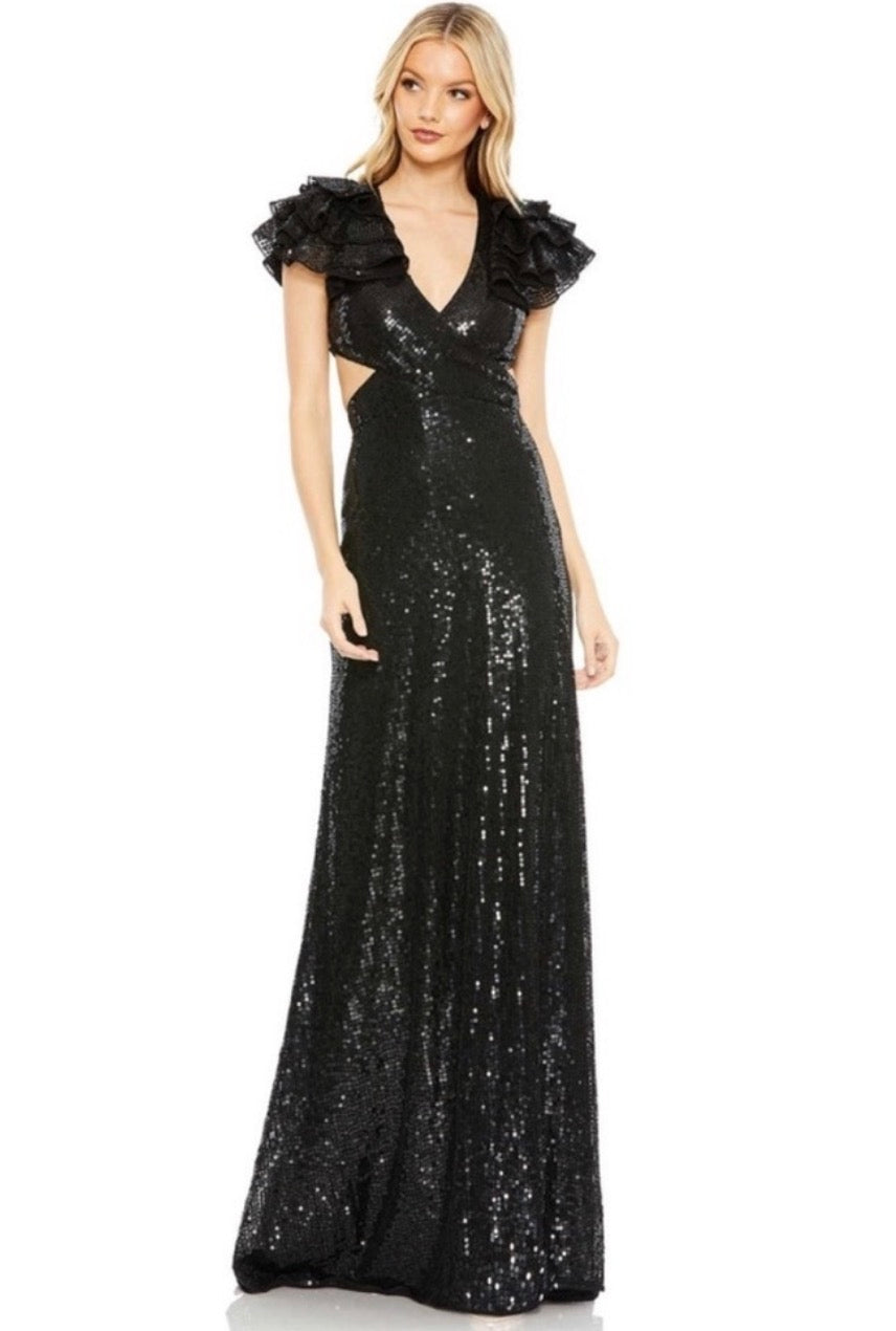 MAC DUGGAL 10829 Sequin Ruffled Cut Out Lace Up Gown in Black Sz 2 $598