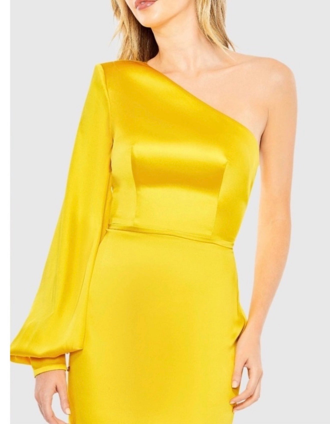 IEENA FOR MAC DUGGAL 26712 Yellow One Shoulder Bishop Sleeve Trumpet Gown Sz 2 $398