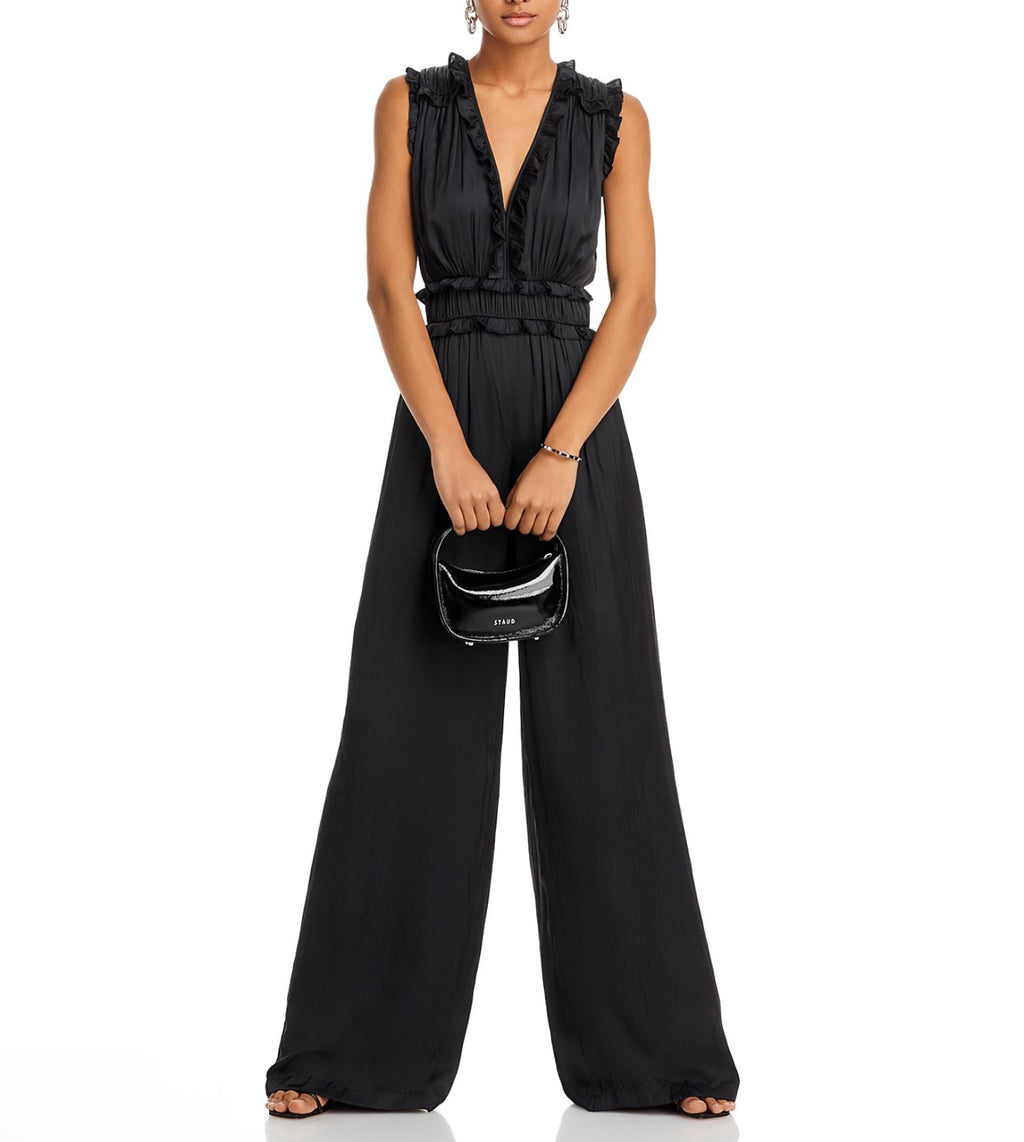 Ramy Brook Katelyn Ruffle Satin Jumpsuit in Black sz 2 $545