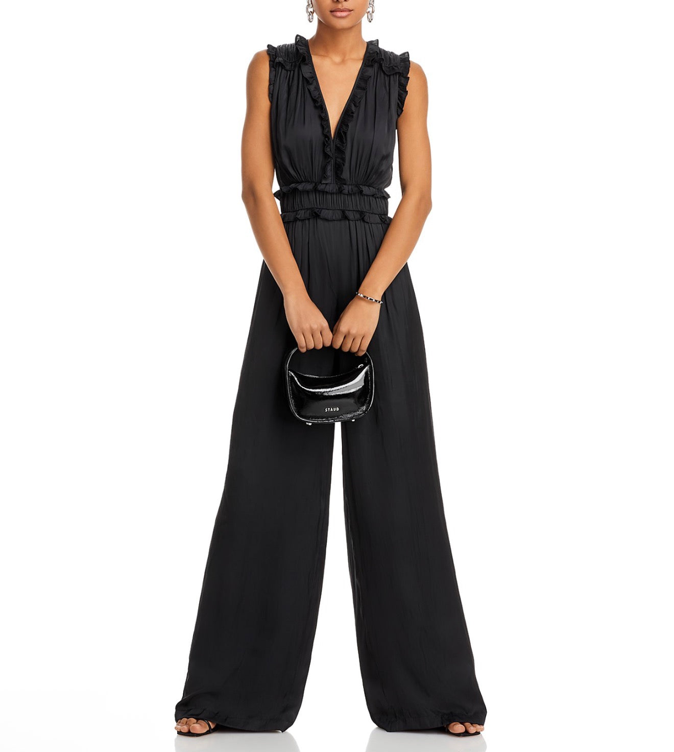 Ramy Brook Katelyn Ruffle Satin Jumpsuit in Black sz 2 $545