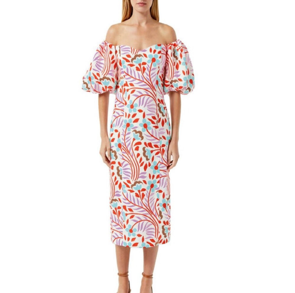 RHODE KARIMA OFF THE SHOULDER LINEN DRESS IN LAGO VINE PRINT SIZE 2 $525