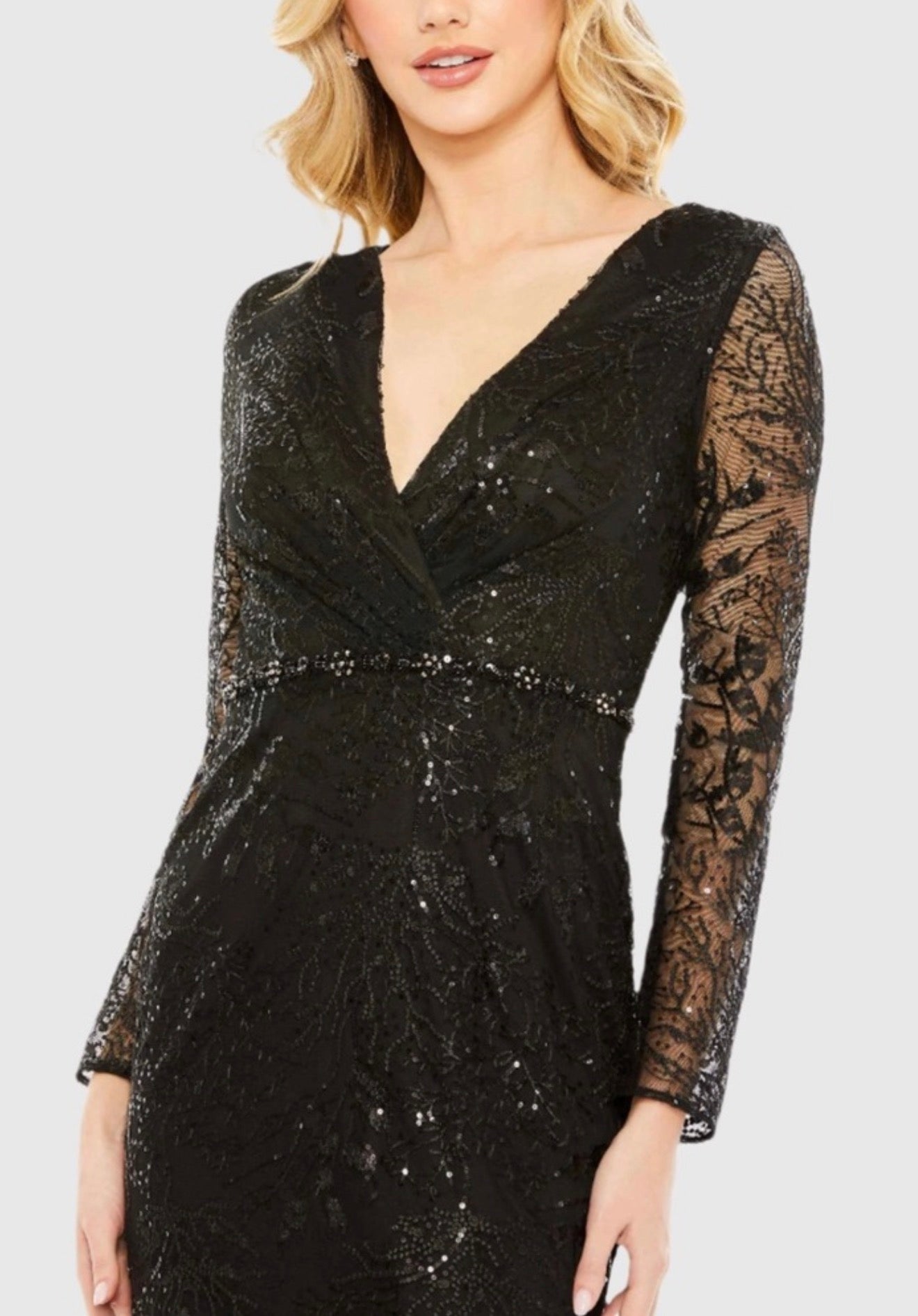 Mac Duggal 68016 Black Embellished Faux Wrap Long Sleeve Gown Size 24 Plus Beaded Formal Evening Dress $498