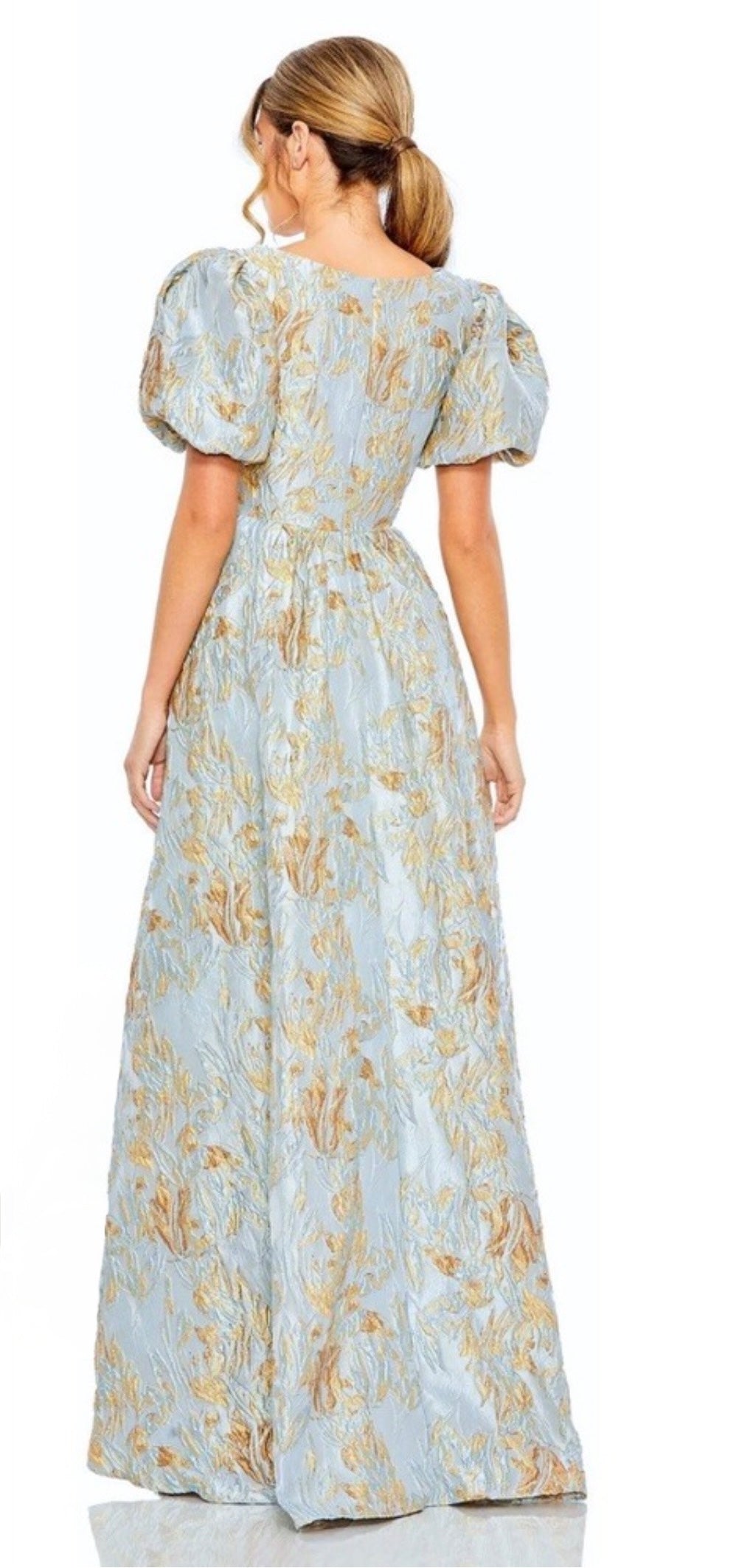 Mac Duggal 11608 Floral Jacquard
High Low Evening Gown Blue +
Gold Size 8 $798