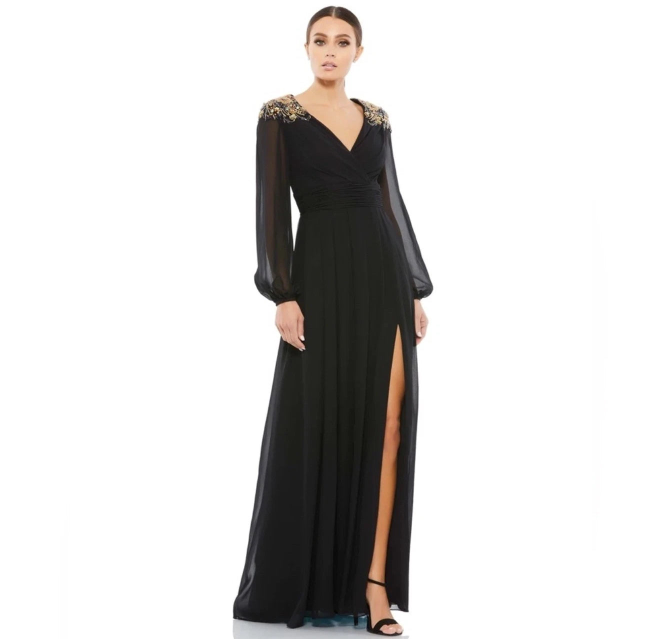 NWT Mac Duggal 55694 Embellished Black Blouson Sleeve Formal Evening Gown Sz 8