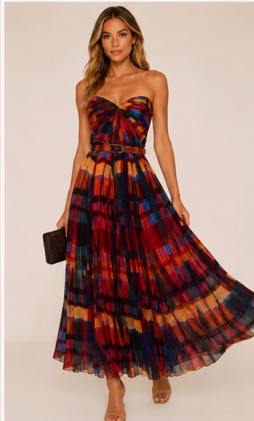 Hutch Strapless Pleated Printed Midi Dress Belted Size 2