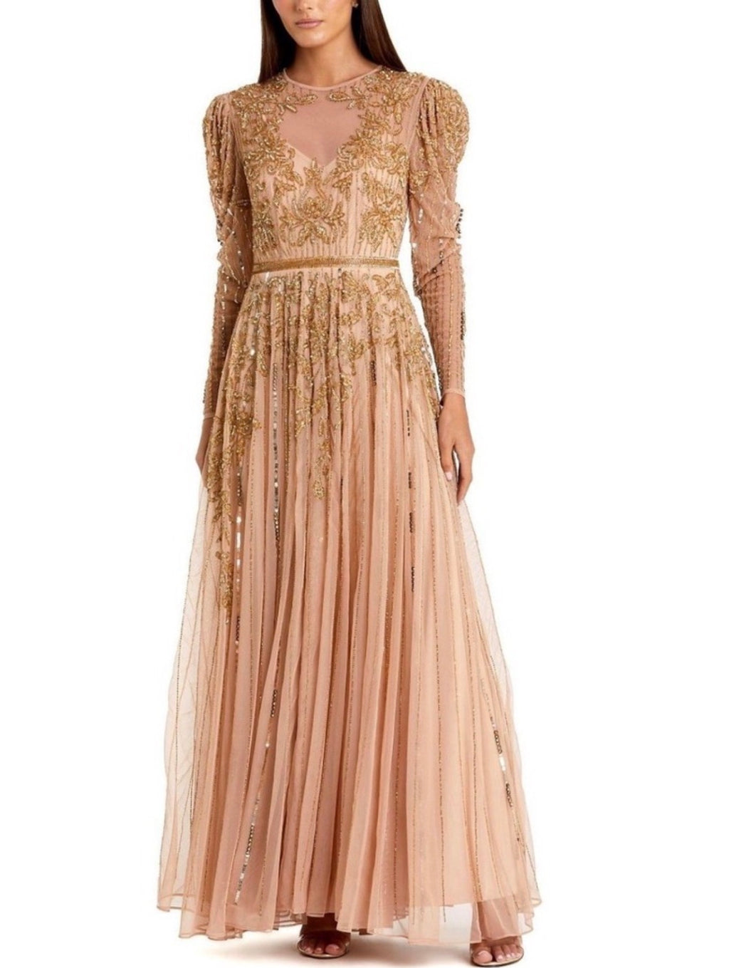 Mac Duggal 93638 Beaded Illusion
Puff Sleeve Gown Nude Gold Sz 8