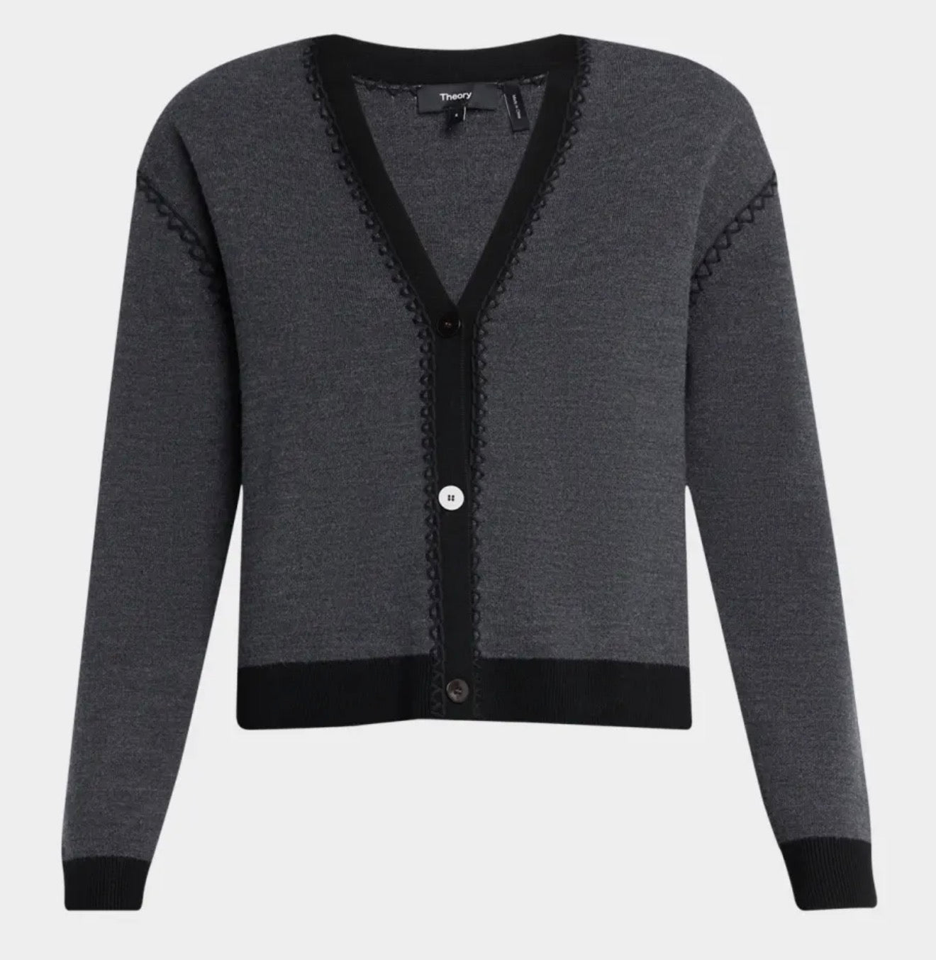 Theory Blanket Stitch Merino Wool
Cardigan Gray/ Black Sz Large $495