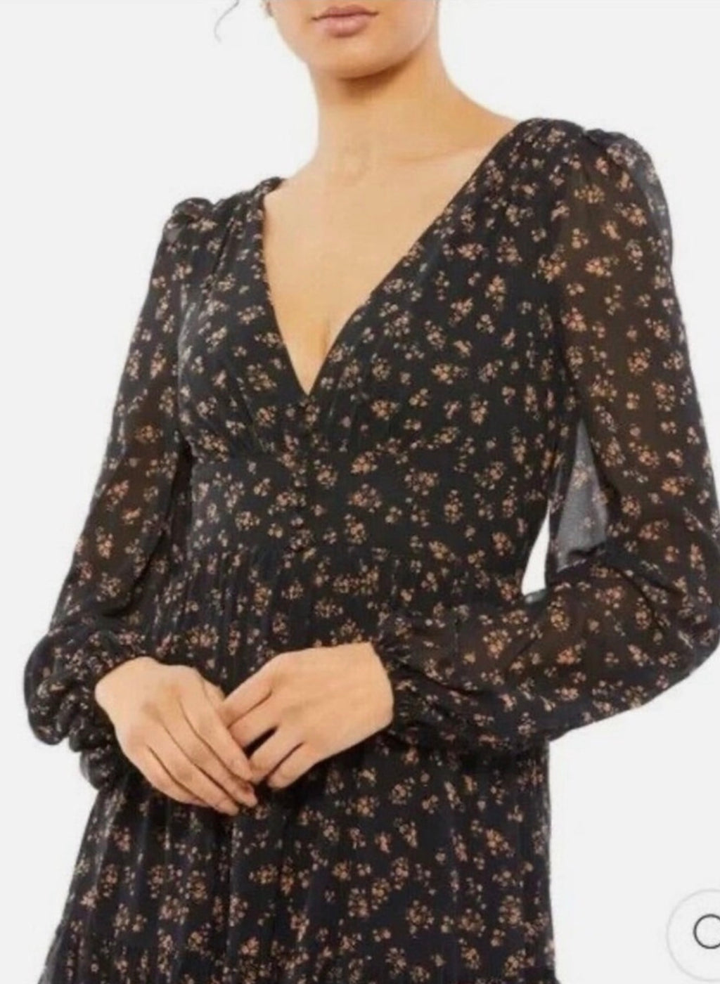 leena Mac Duggal 55431 Floral Ruffles Tiered Long Sleeve Maxi
Dress Sz 0 $398 Black Multi