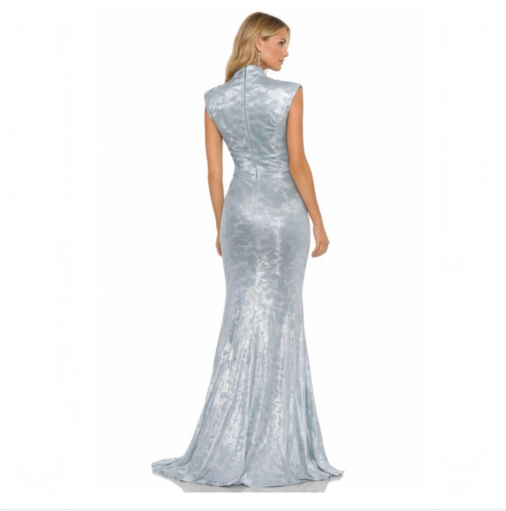 Dress the Population Metallic Sculpted Neck Gown Silver Blue Sz Small