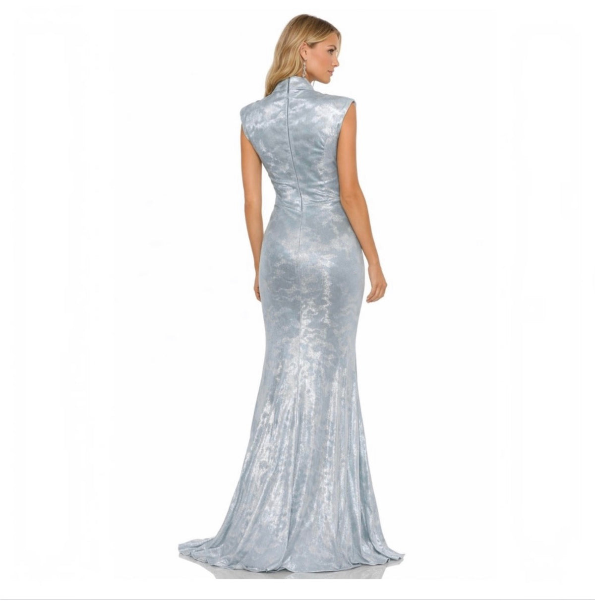 Dress the Population Metallic Sculpted Neck Gown Silver Blue Sz Small