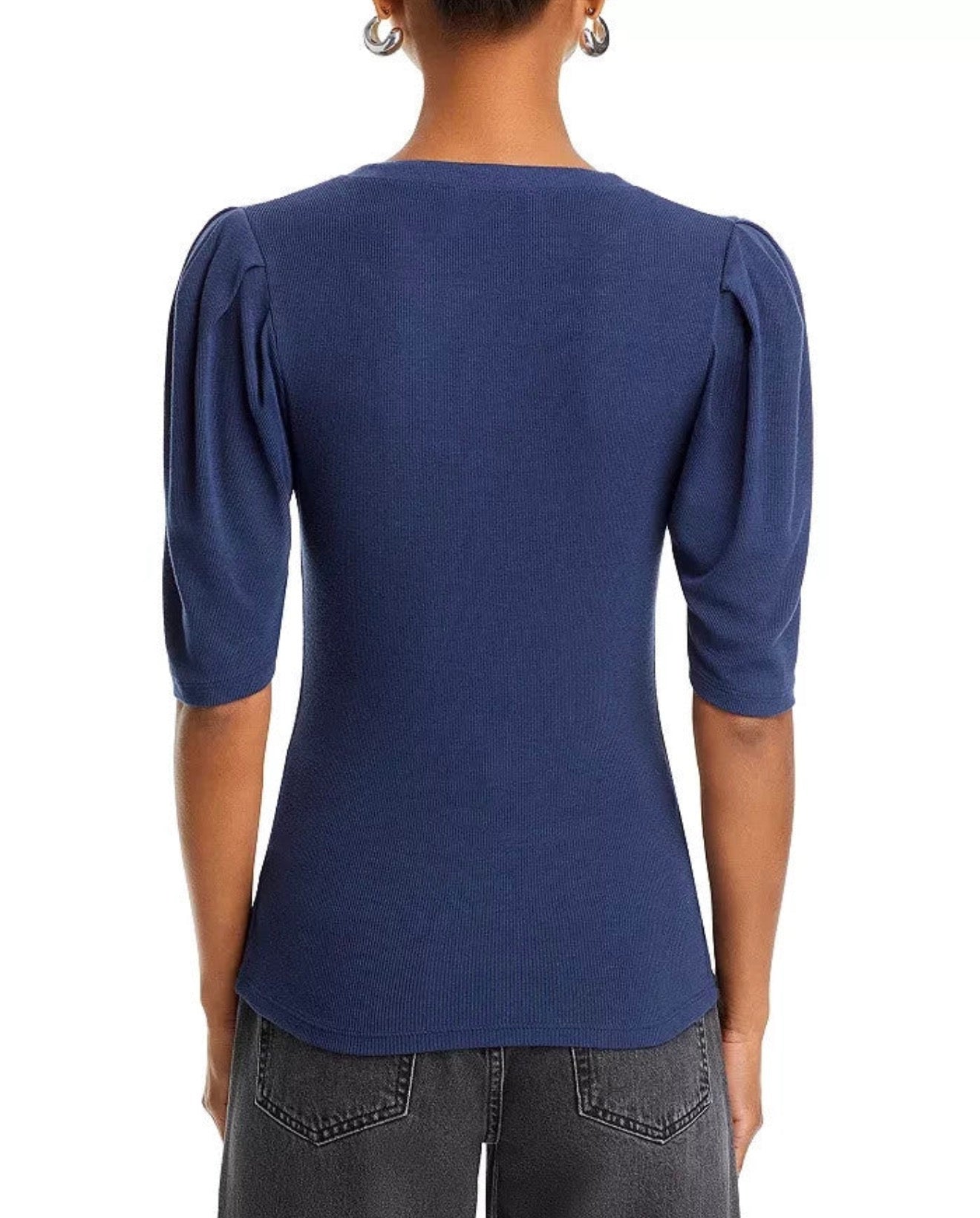 FRAME Rib Knit Ruched Sleeve Henley Tee Navy Blue Sz Small $168