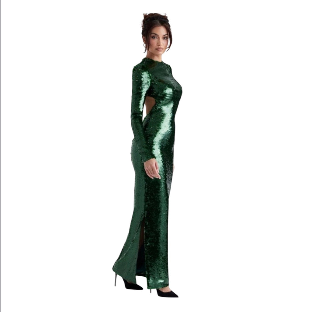 House of CB Belle Pine Green Sequin Open Back Maxi Dress Sz XS