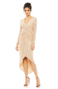 Mac Duggal  Sequin Knotted Long Sleeve Midi Dress Rose Gold Sz 10 $358