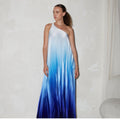 DELFI COLLECTIVE Erica One Shoulder Pleated Maxi Dress Blue Ombré Sz Small $298
