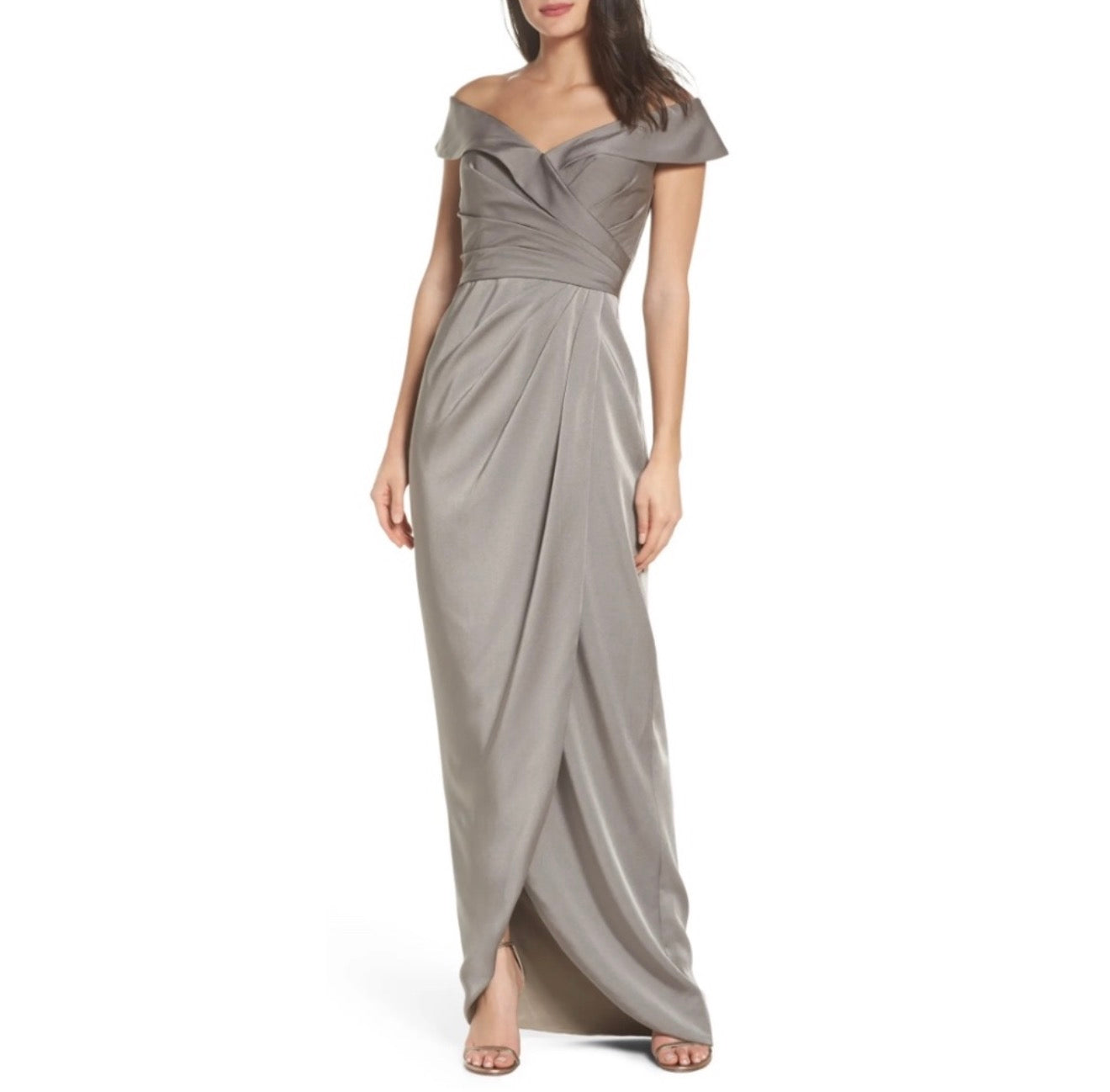 La Femme 25206 Surplice Off the Shoulder Gown Pewter Sz 12 $338
