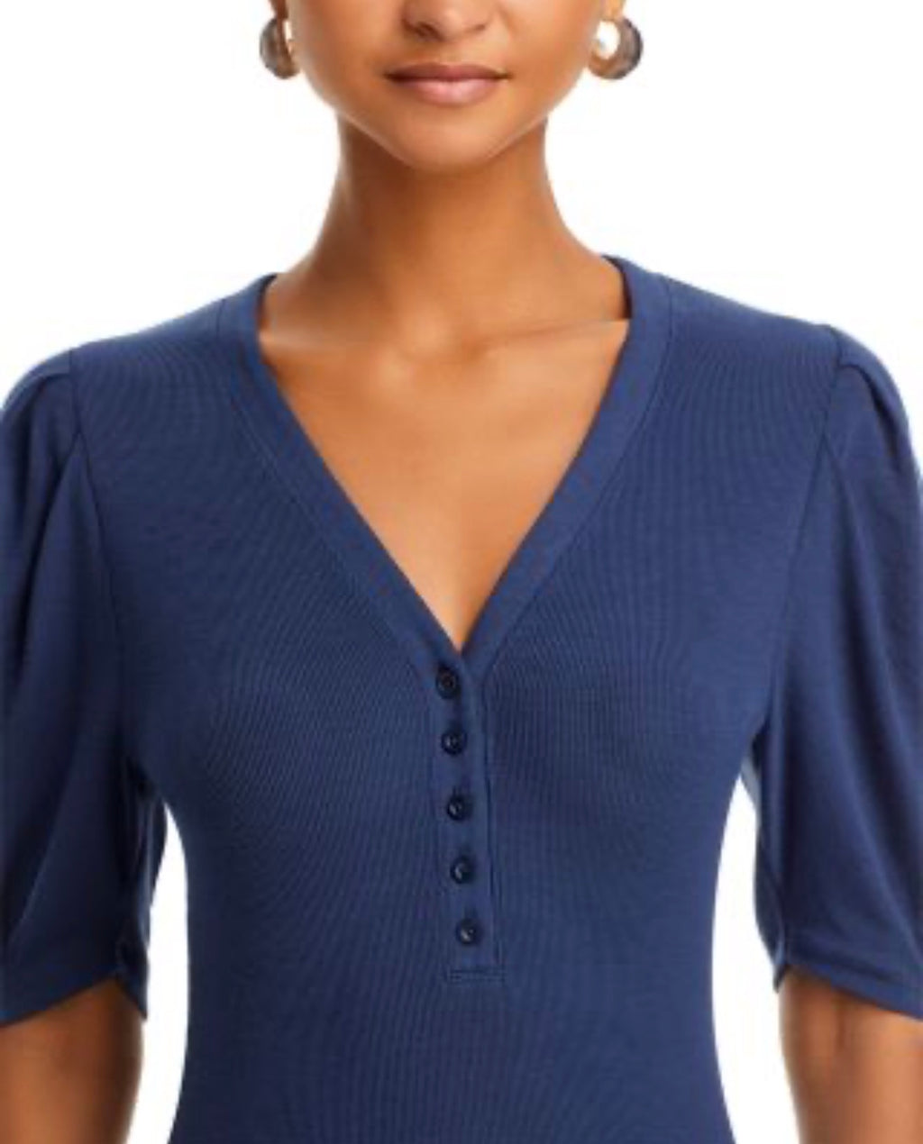 FRAME Rib Knit Ruched Sleeve Henley Tee Navy Blue Sz Small $168