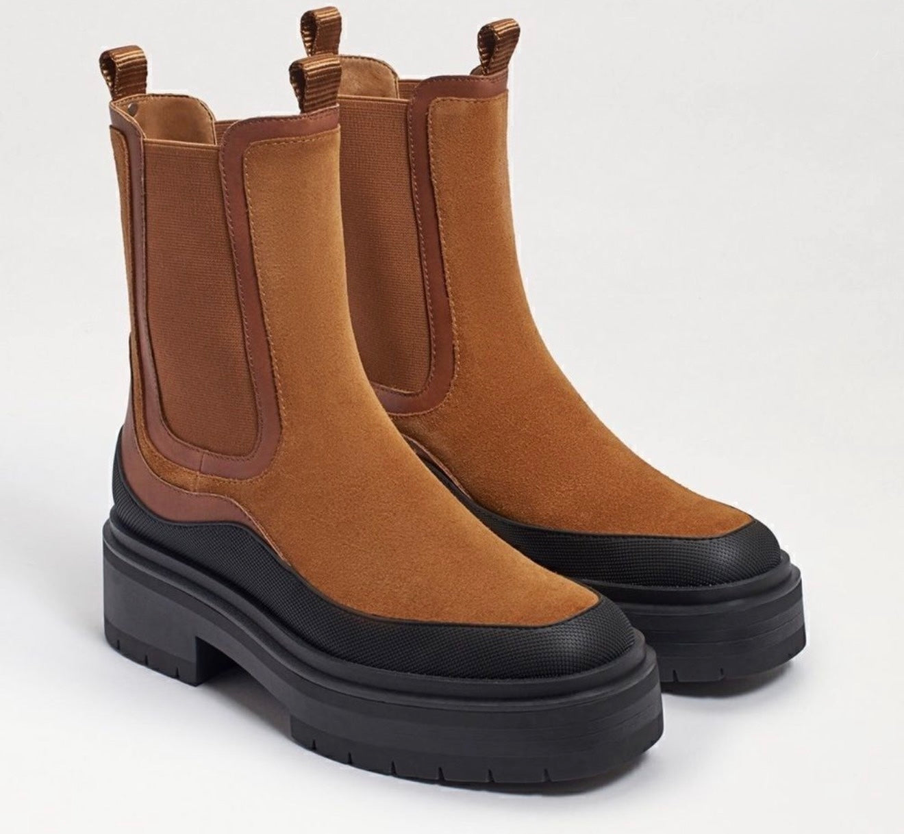 Sam Edelman Lulia Lug Sole Boot Womens Two Tone Leather Chelsea Boots in Camel/Whiskey Suede Sz 8.5 $180