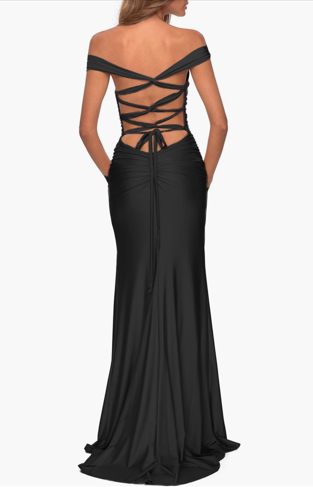 La Femme 28506 
Off the Shoulder Dress with Tie Back and Slit Black Sz 4 $348
