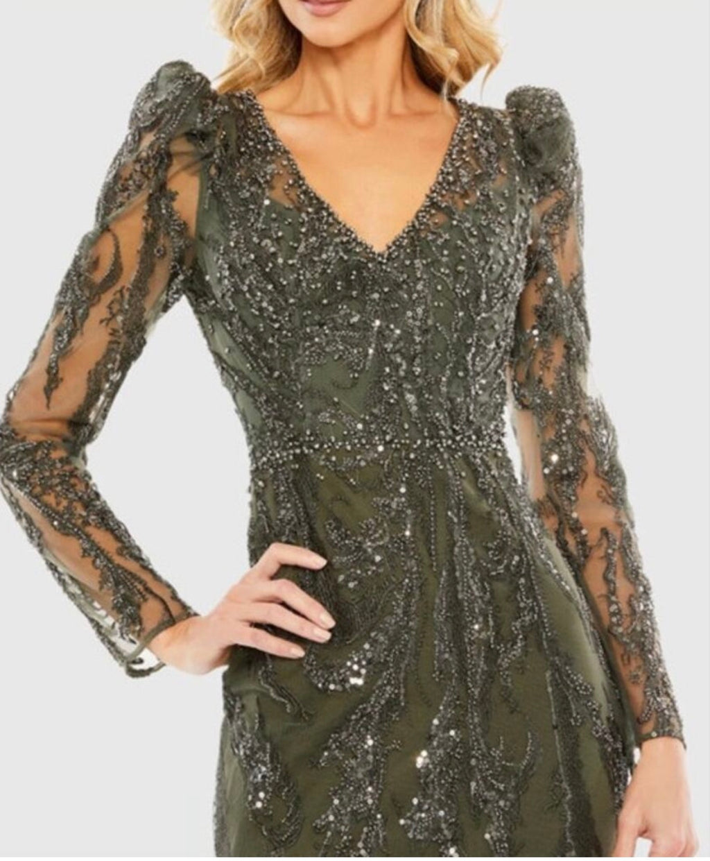 Mac Duggal 20349 Olive Green Beaded V-Neck Gown Size 10 $998