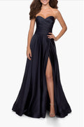 La Femme 28608 Strapless Satin Gown with Pleated Bodice and Slit Navy Sz 6 $368