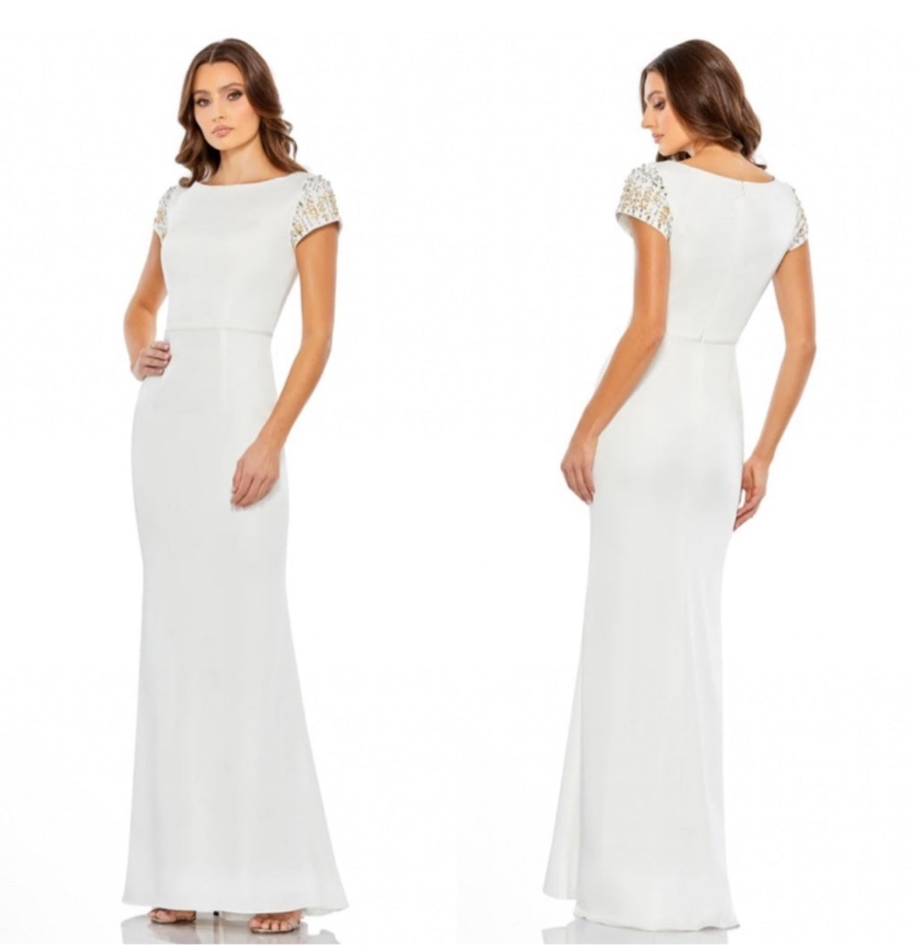 leena Mac Duggal 55718 White Beaded Cap Sleeve Column Dress Sz 8 $398