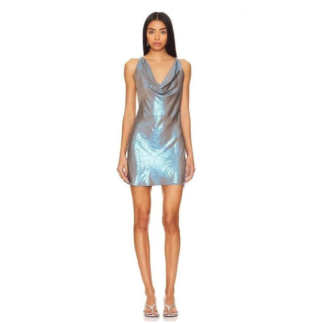 My Beachy Side Blue Iridescent Chain Back Mini Dress Small $378