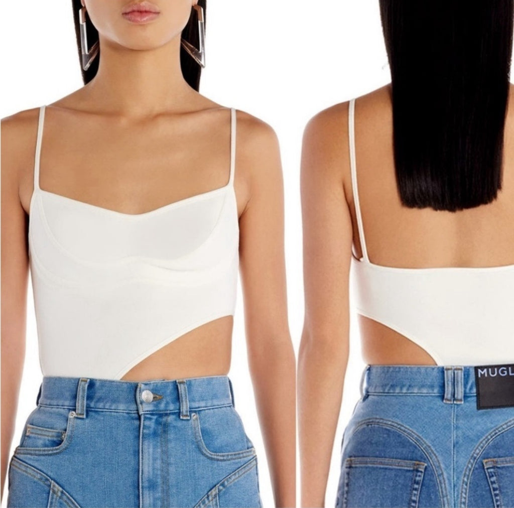 MUGLER Women's Asymmetric Cutout Bodysuit in Ivory Size XS $760