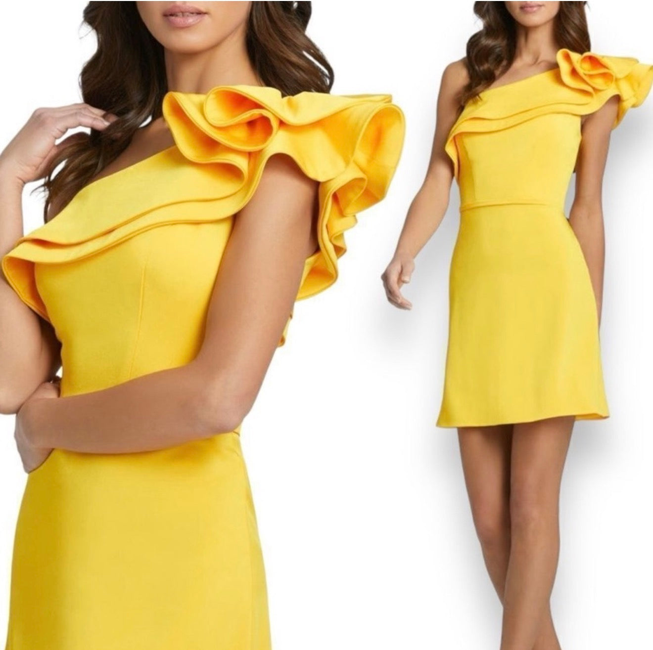 leena For Mac Duggal #55286 Ruffle One-Shoulder Mini Dress Lemon Sz 2 $278
