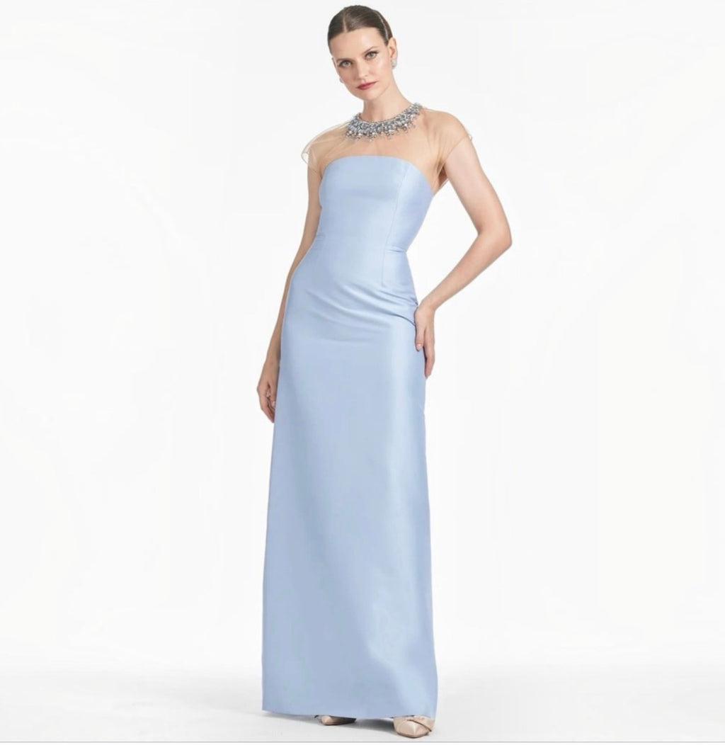 Sachin & Babi Irina Gown Glacial Blue Beaded Illusion Neck Sz 6