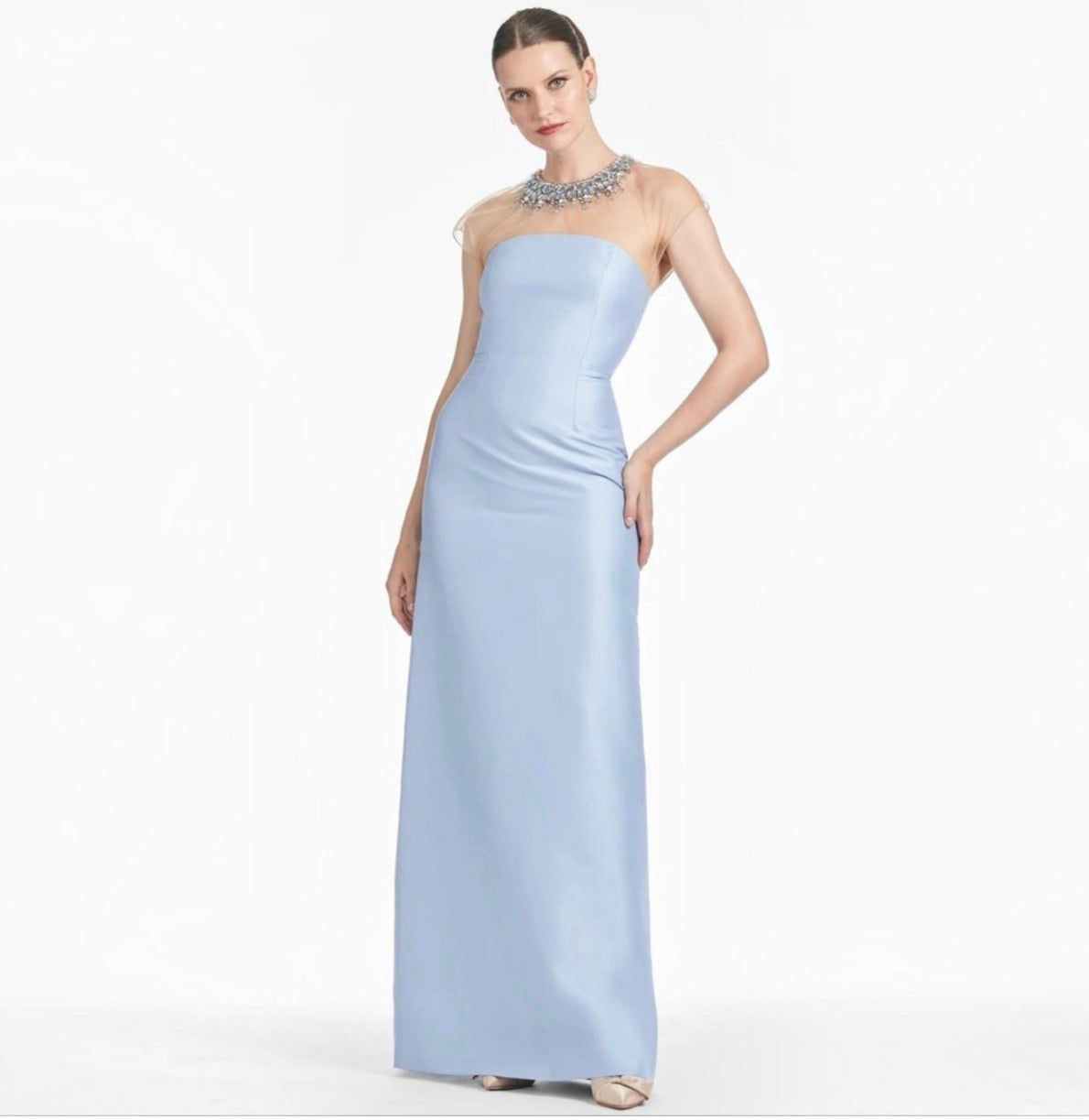 Sachin & Babi Irina Gown Glacial Blue Beaded Illusion Neck Sz 6