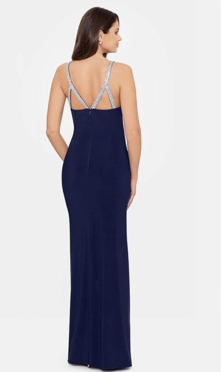Betsy & Adam Women's Long Halter Neck Sleeveless Gown with Rhinestone Straps $239 Navy Blue