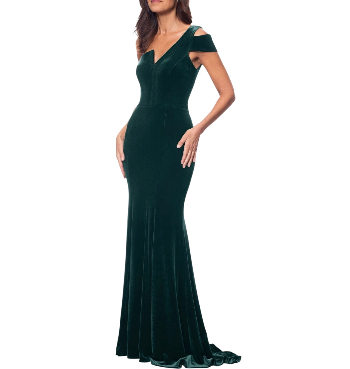 Betsy & Adam One-Shoulder Velvet Mermaid Gown Hunter Green Size 12