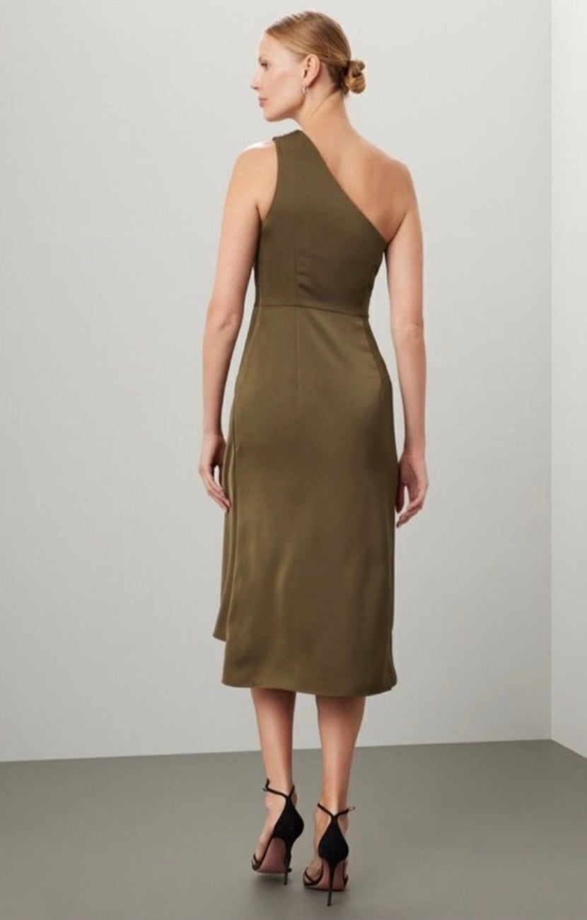 Sachin & Babi Evangeline One Shoulder Olive Midi Dress Size 2 $495