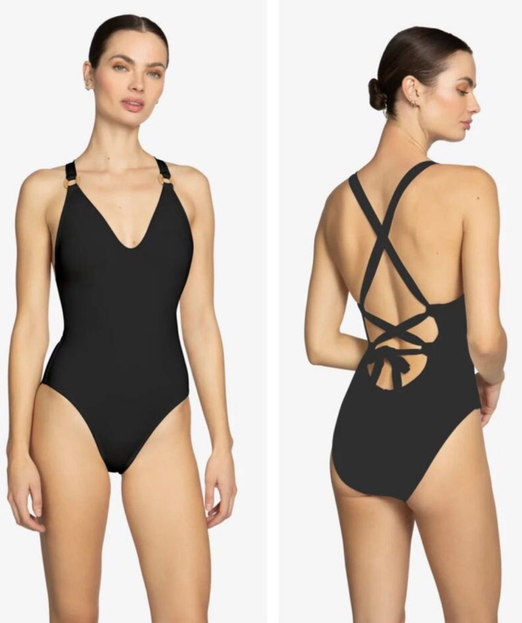 New! Robin Piccone Margot Lace-Up Back One-Piece Swimsuit Black Sz 8 $168