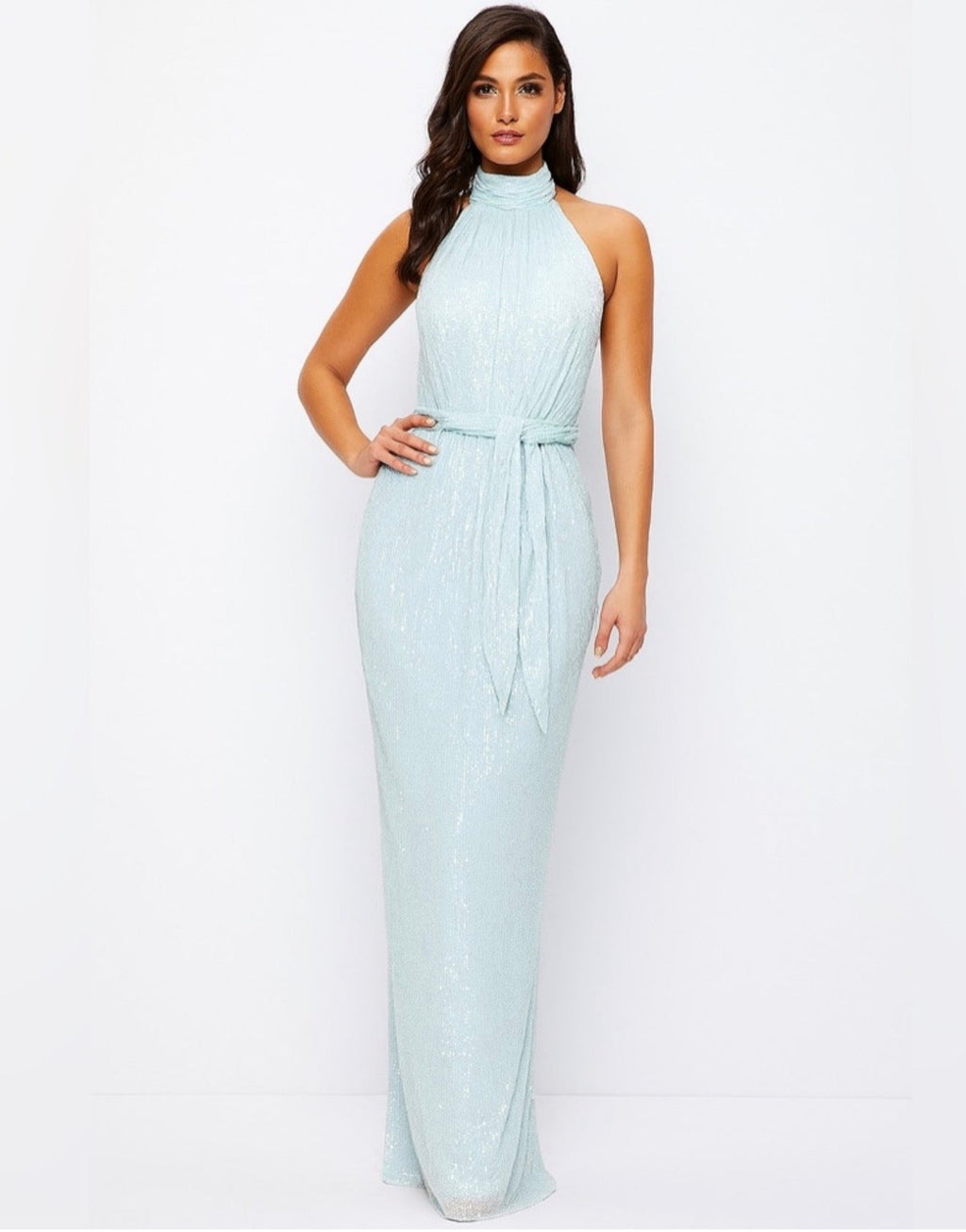 leena Mac Duggal 11281 Aqua
Sequin Halter Maxi Dress Sz 2