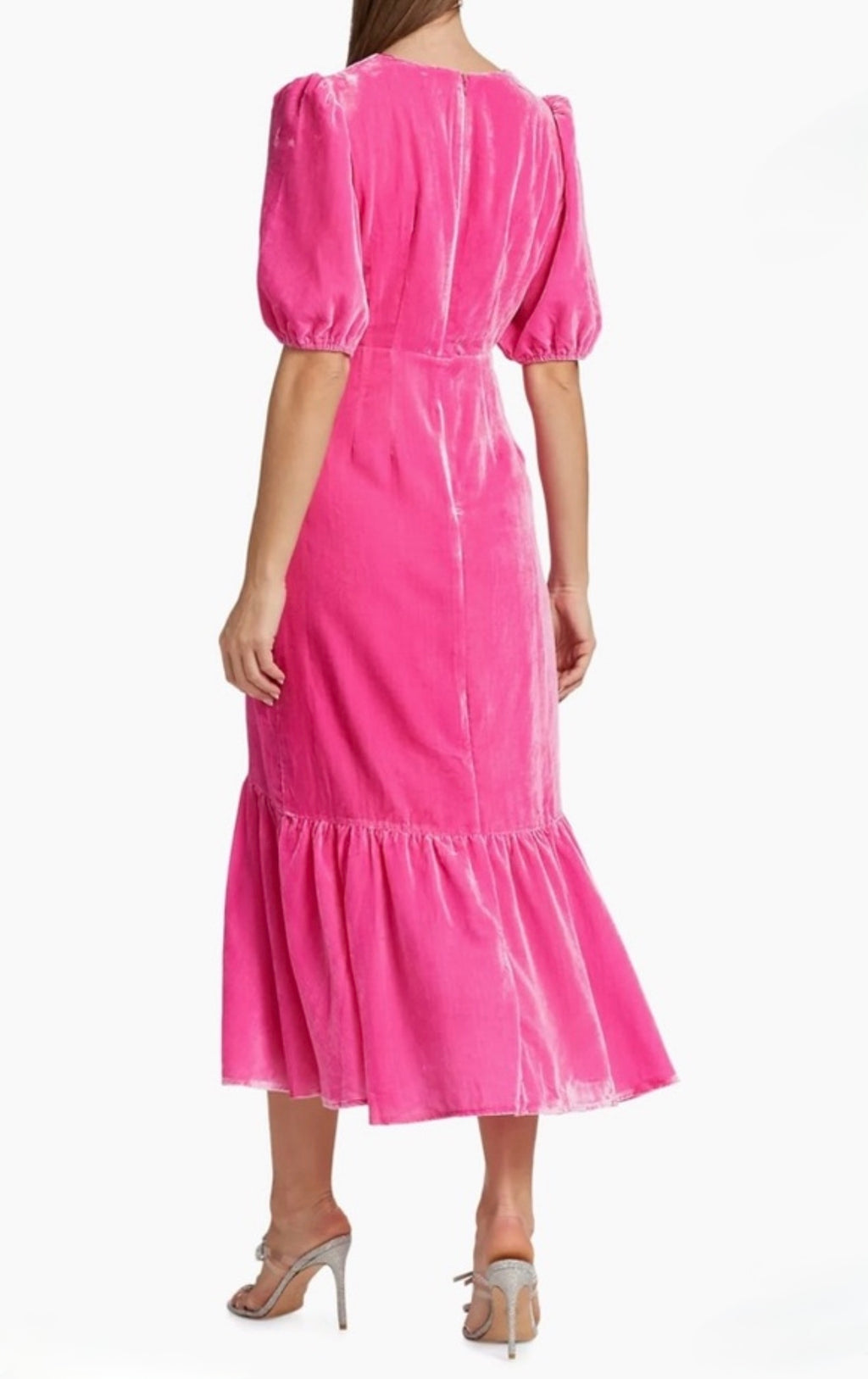 Rhode Ester Puff-Sleeve Velvet
Midi-Dress in JAIPUR (pink) Sz 2 $565