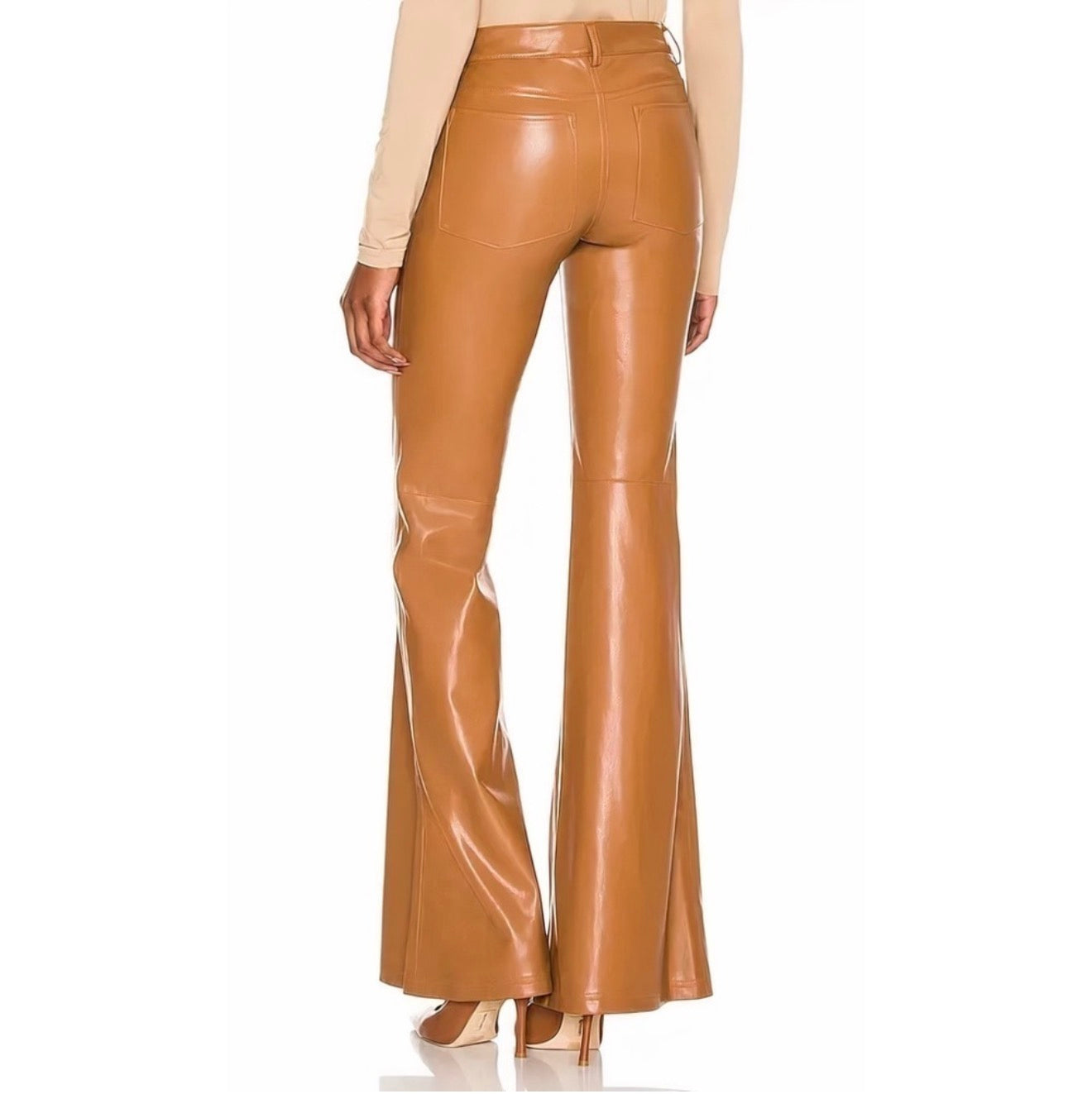 Alice & Olivia Marshall Vegan Leather Crop Bell Pant in Camel Sz 0 $395