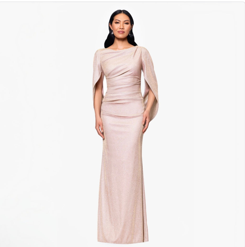 Betsy & Adam Gracie Metallic Glitter Draped Gown White Pink Gold Size 4P