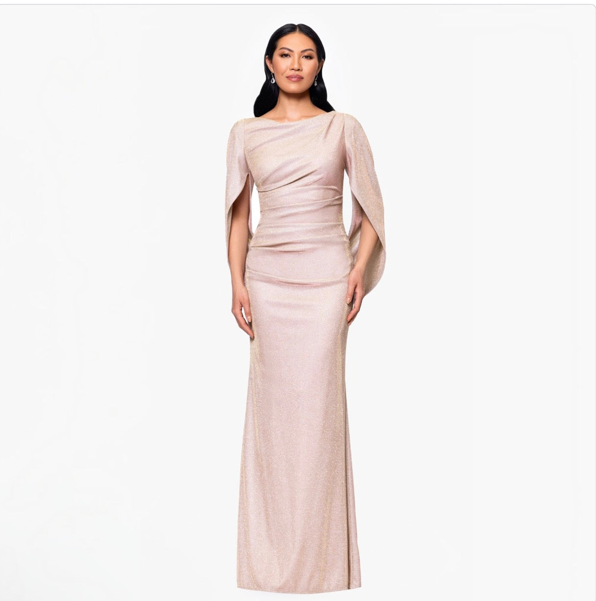 Betsy & Adam Gracie Metallic Glitter Draped Gown White Pink Gold Size 4P